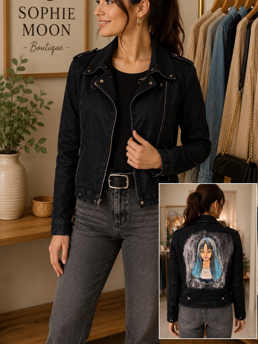 Kenneth Cole New York Custom hand painted denim moto jacket - anime girl Size M
